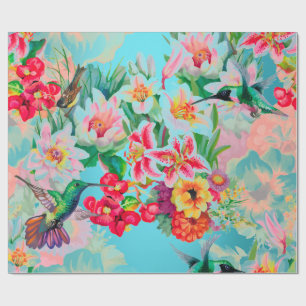 Papel De Presente Pássaro floral do Pastel do rosa de turquesa do