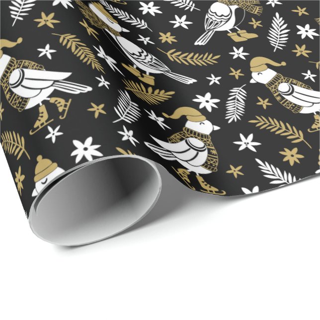 Papel De Presente Pássaro Florestal Negro e Dourado Elegante (Ponta do rolo)
