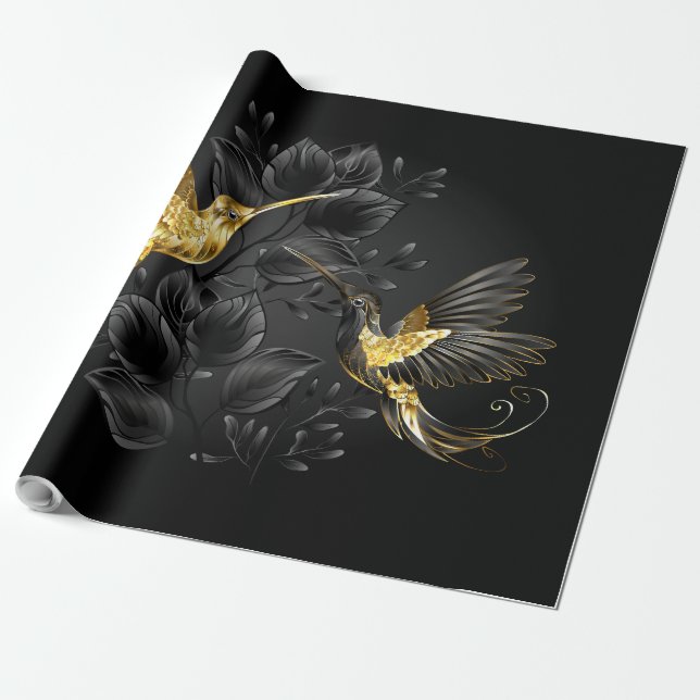Papel De Presente Pássaro Humino Negro e Dourado (Desenrolado)