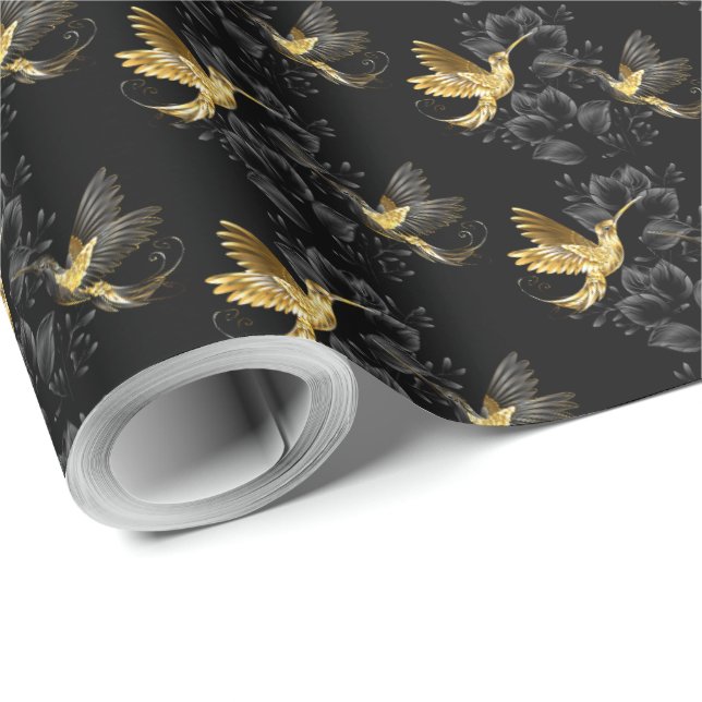 Papel De Presente Pássaro Humino Negro e Dourado (Ponta do rolo)