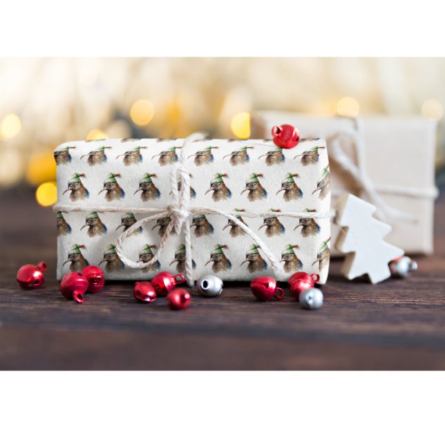 Papel De Presente Pássaro Kiwi bonito no Chapéu Elfo de Natal (Criador carregado)
