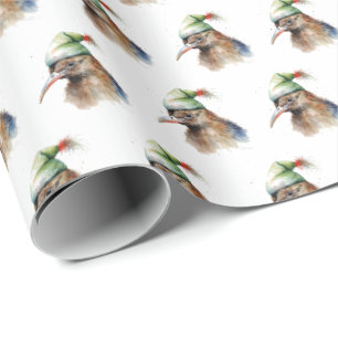 Papel De Presente Pássaro Kiwi de Natal em Aquarela com Chapéu de El