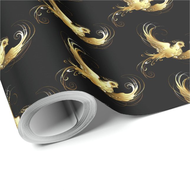 Papel De Presente Pássaro ouro sobre fundo preto (Ponta do rolo)