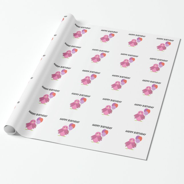 Papel De Presente Pássaro Rosa com Balões (Desenrolado)
