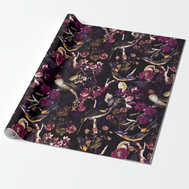 Papel De Presente Pássaros Antigos e Flores Padrão em roxo (Desenrolado)