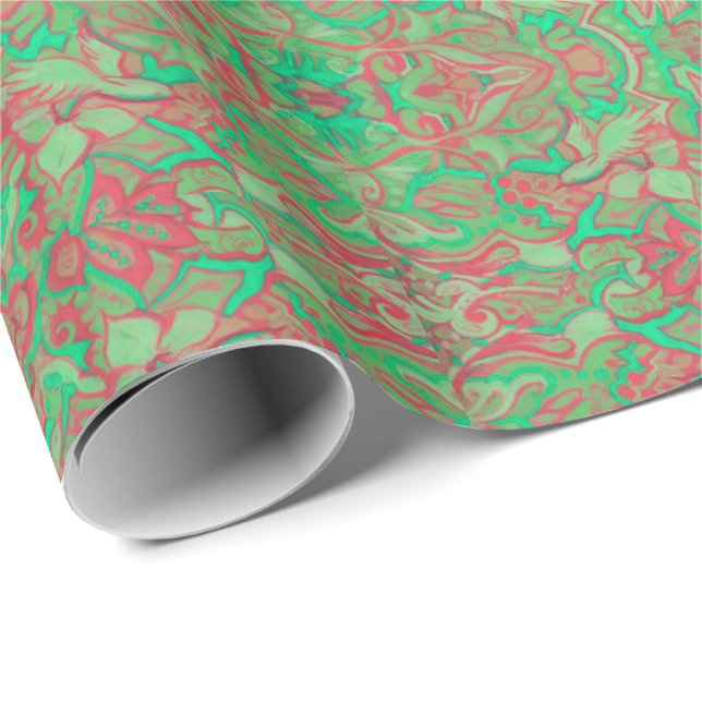 Papel De Presente Pássaros árabes Bohemian Oriental Boho Red Green (Ponta do rolo)