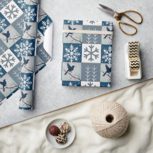 Papel De Presente Pássaros Azuis e Flocos de Neve Natal Padrão de In