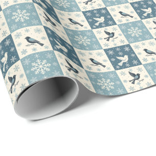 Papel De Presente Pássaros Azuis e Flocos de Neve Padrão de Natal de