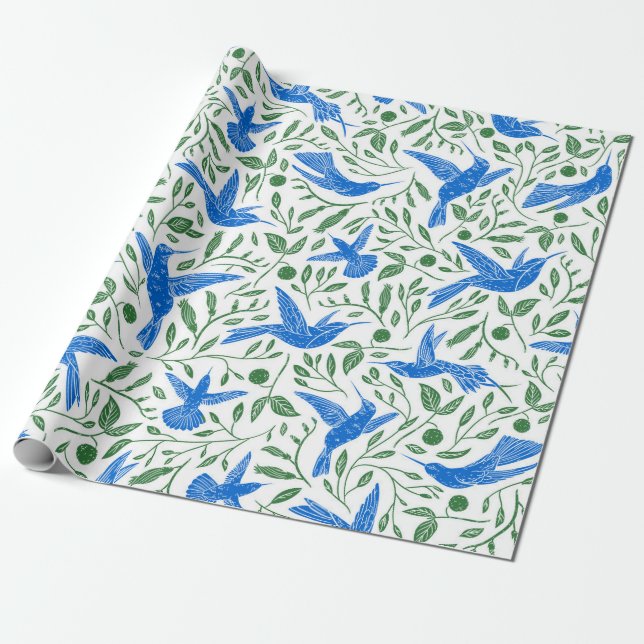 Papel De Presente Pássaros-beija-flores, padrão das folhas verdes (Desenrolado)