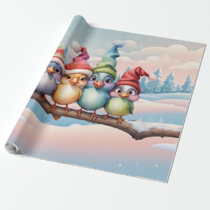 Papel De Presente Pássaros bonitos de fantasia com chapéus de Natal.