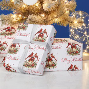 Papel De Presente Pássaros Cardinal em Lanterna de Natal em Aquarela