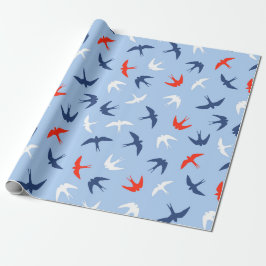 Papel De Presente Pássaros Cérebros Padrão de Voo Azul Vermelho Bran