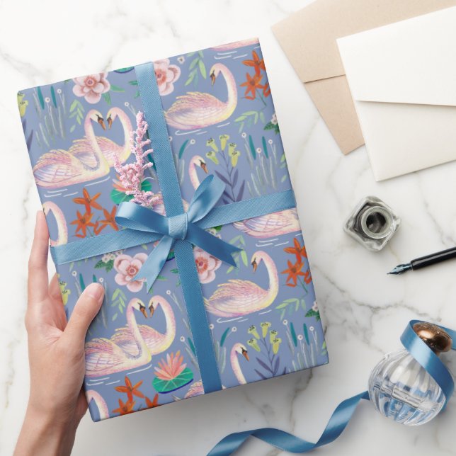 Papel De Presente Pássaros Cisne Padrão Botânico Floral Azul (Presentear)