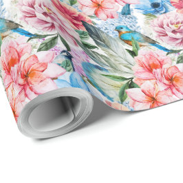 Papel De Presente Pássaros com Padrão Floral Flores Folhagem Azul Ve