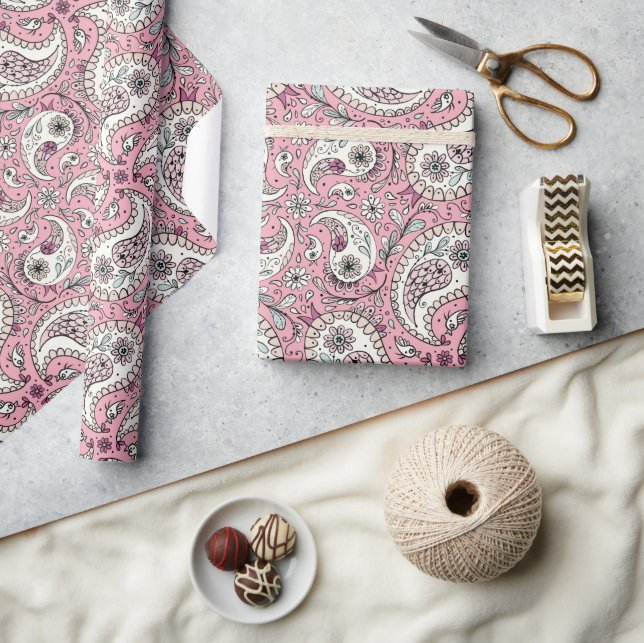 Papel De Presente Pássaros da Paisley em rosa-bebê (Artesanato)