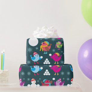 Papel De Presente Pássaros de Inverno Brincando na Neve com Boneco d