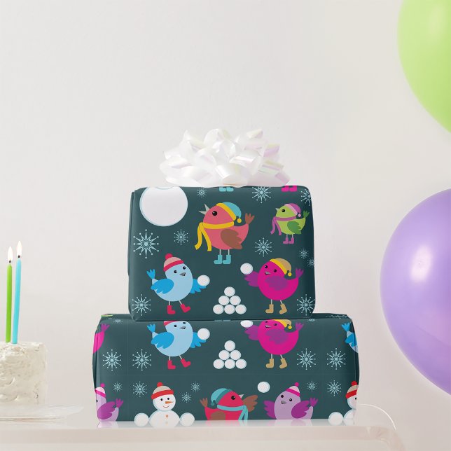 Papel De Presente Pássaros de Inverno Brincando na Neve com Boneco d (Criador carregado)