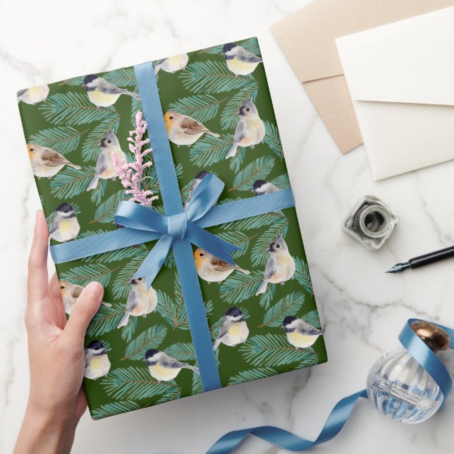 Papel De Presente Pássaros de Inverno em Ramo de Pinheiro (Presentear)