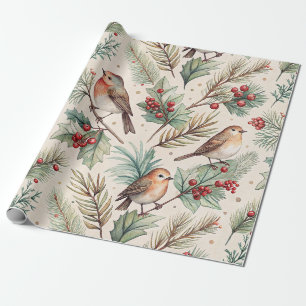 Papel De Presente Pássaros de Natal Antigos - Azevinho e Pintarroxo