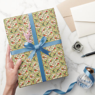 Papel De Presente Pássaros de Natal e Folhas de Azevinho em Arte Pop