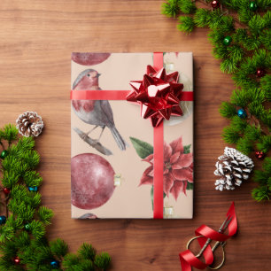 Papel De Presente Pássaros de Natal Feriados Poinsettias Ornamentos 