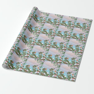 Papel De Presente Pássaros De Natal Na Cena De Inverno Em Uma Neve S