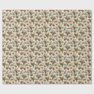 Papel De Presente Pássaros de Natal Vintage Ramos de Pinheiro Aquare