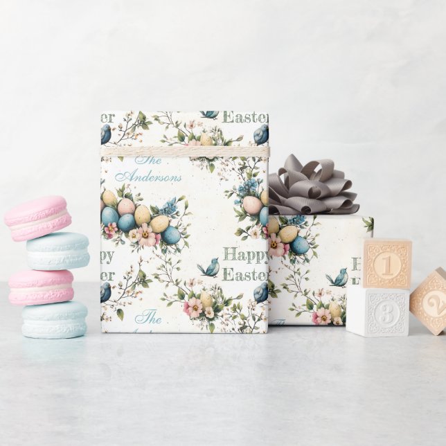 Papel De Presente Pássaros de Páscoa & Ovos Pastéis Floral Aquarela (Chá de bebê)