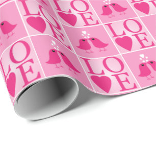 Papel De Presente Pássaros do Amor e Corações Rosas Marcados