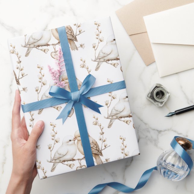 Papel De Presente Pássaros do Amor Romântico Coração Casamento (Presentear)