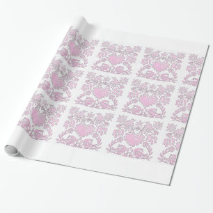 Papel De Presente Pássaros e Corações de Amor Rosa e Branco