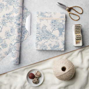 Papel De Presente Pássaros e flor de cerejeira em azul e branco esma