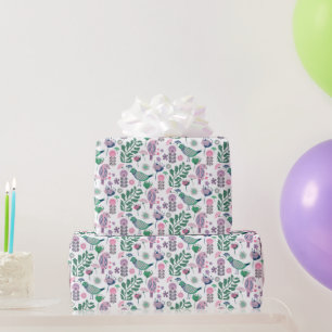 Papel De Presente Pássaros e flores de meio século Púrpura