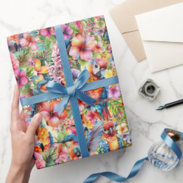 Papel De Presente Pássaros e Flores Tropicais Pequenos