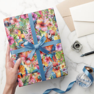 Papel De Presente Pássaros e Flores Tropicais Pequenos