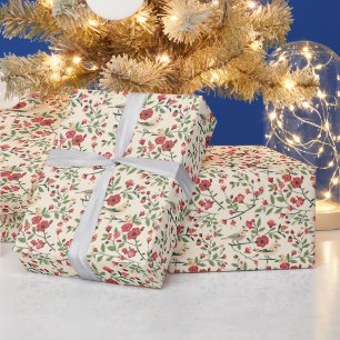 Papel De Presente Pássaros E Flores Vermelhas Em Um Ramo