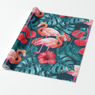 Papel De Presente Pássaros Flamingo e aquarela de jardim tropical