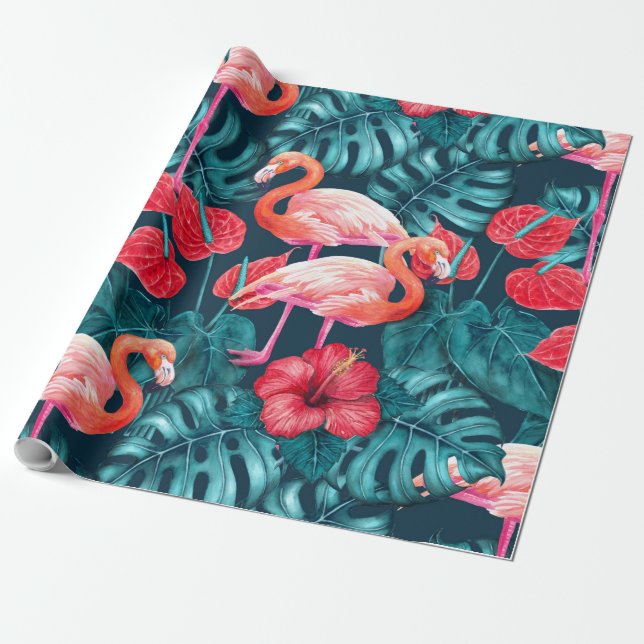 Papel De Presente Pássaros Flamingo e aquarela de jardim tropical (Desenrolado)