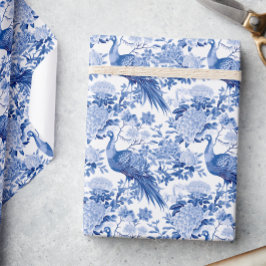 Papel De Presente Pássaros Florais De Gengibre Azul E Branco