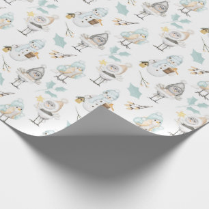 Papel De Presente Pássaros Fofos e Bonecos de Neve