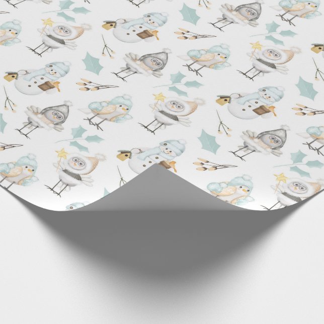 Papel De Presente Pássaros Fofos e Bonecos de Neve  (Ponta)