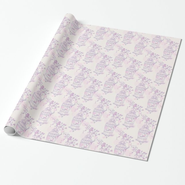 Papel De Presente Pássaros, gaiola, plástico roxo, rosa (Desenrolado)