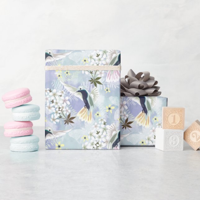 Papel De Presente Pássaros humanos e flores brancas (Chá de bebê)