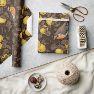 Papel De Presente Pássaros na macieira/amarelo e marrom escuro