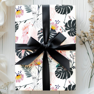 Papel De Presente Pássaros Papagaios Tropicais Folhas de Palmeira