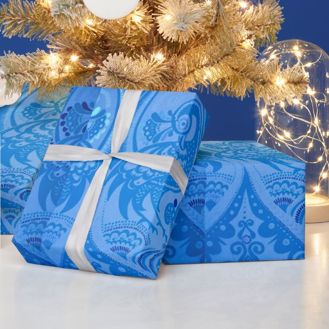 Papel De Presente Pássaros Pavões Orientais Azuis (Feriados)