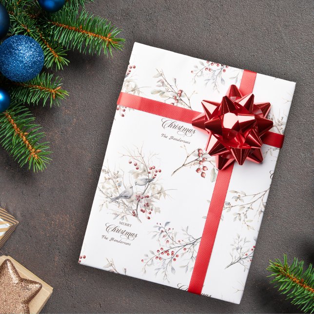 Papel De Presente Pássaros Simples de Inverno Frutas Vermelhas Natal (Criador carregado)