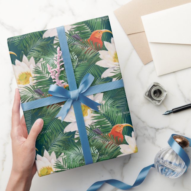 Papel De Presente Pássaros Tropicais e Lotus Brancos (Presentear)