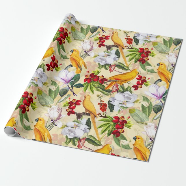 Papel De Presente Pássaros Tropicais - Padrão Selvagem - Amarelo (Desenrolado)
