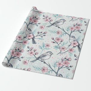 Papel De Presente Pássaros Turquesa Elegantes Flores de Cerejeira Ro